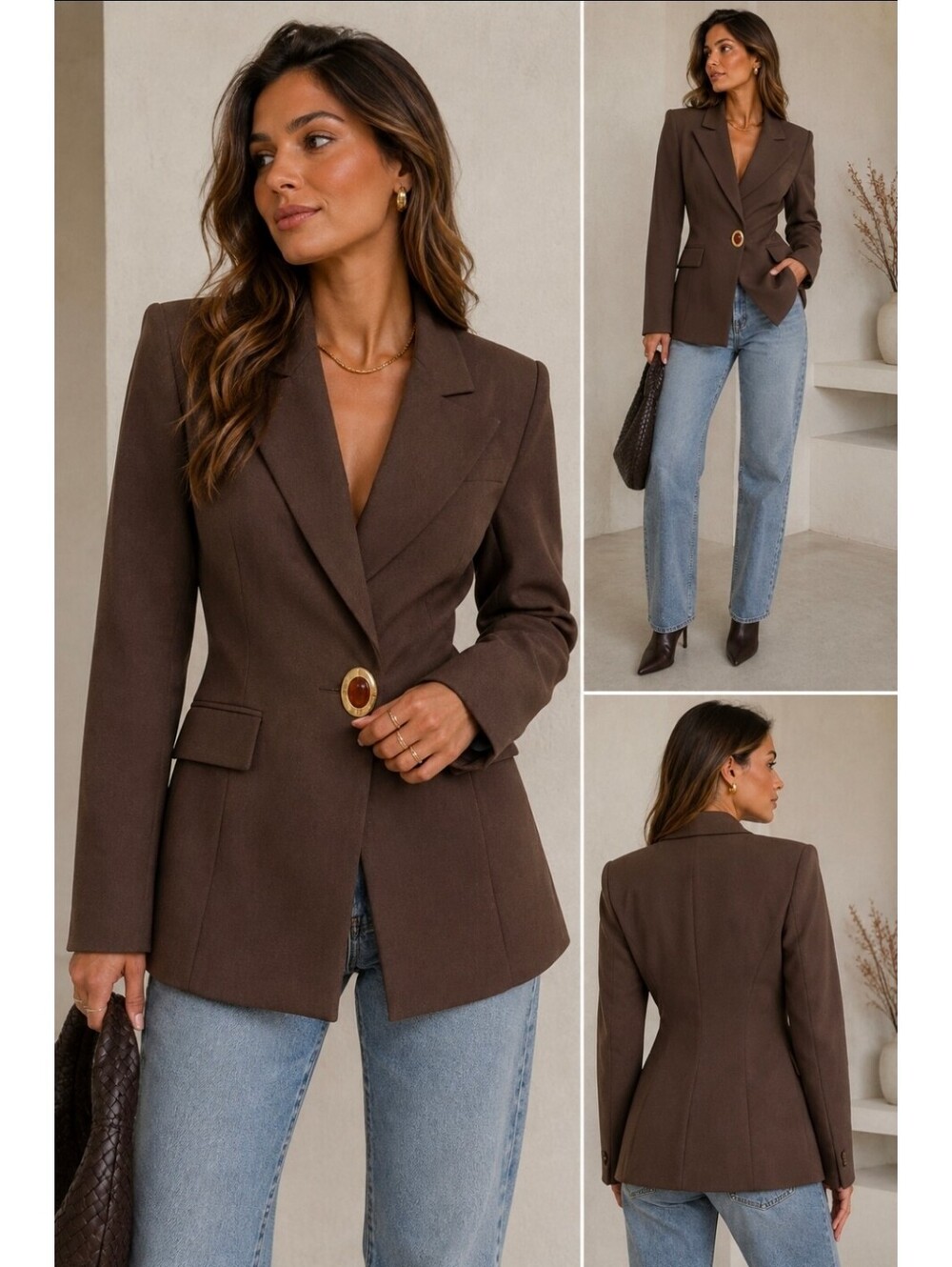 MESHKI Max Cinched Waist Blazer Chocolate Brown Size M NWT Tailored Gold Button